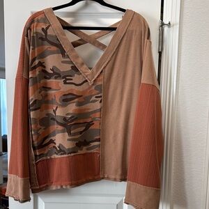 POL Brown Camouflage V-Neck Sweatshirt